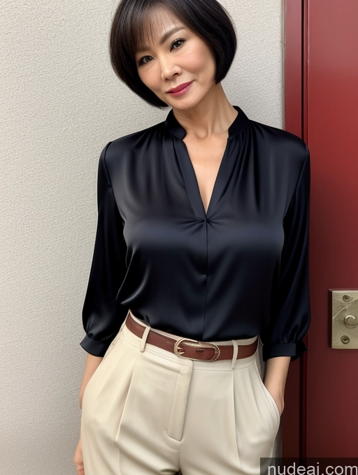 ai nude image of arafed woman in black shirt and beige pants standing in front of a red door pics of Milf Two Chinese Blouse Casual Stylish Cleavage Dark Lighting Detailed 60s Sexy Face Short Hair