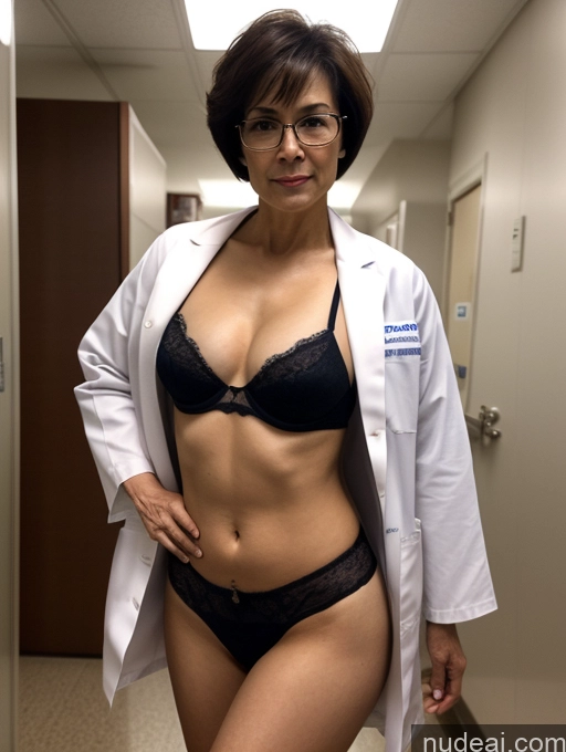 ai nude image of arafed woman in a lab coat and panties in a hallway pics of Milf Two Perfect Boobs Perfect Body Pubic Hair Glasses 70s Sexy Face Short Hair Chinese Hospital Bra Doctor Lab Coat Partially Nude Dark Lighting