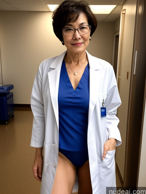 ai nude image of arafed woman in a lab coat and blue top standing in a hallway pics of Milf Two Perfect Boobs Perfect Body Pubic Hair Glasses 70s Sexy Face Short Hair Chinese Hospital Doctor Lab Coat Partially Nude Dark Lighting