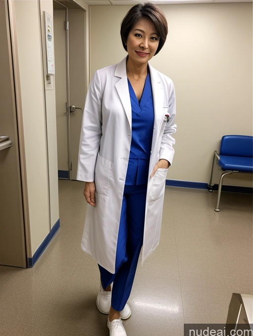 ai nude image of arafed woman in a white lab coat and blue pants standing in a hospital hallway pics of Milf Two Perfect Boobs Perfect Body Pubic Hair Sexy Face Short Hair Hospital Doctor Lab Coat Chinese 50s