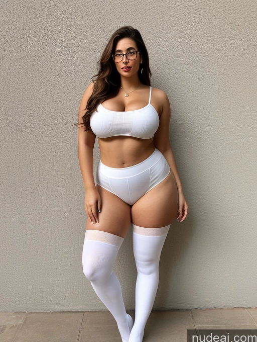 ai nude image of araffe woman in white underwear and stockings posing for a picture pics of Woman Busty Beautiful Glasses Thick Big Hips Perfect Body Long Hair 20s Brunette White Detailed Sexy Face Suit Long Skirt Shirt Thigh Socks