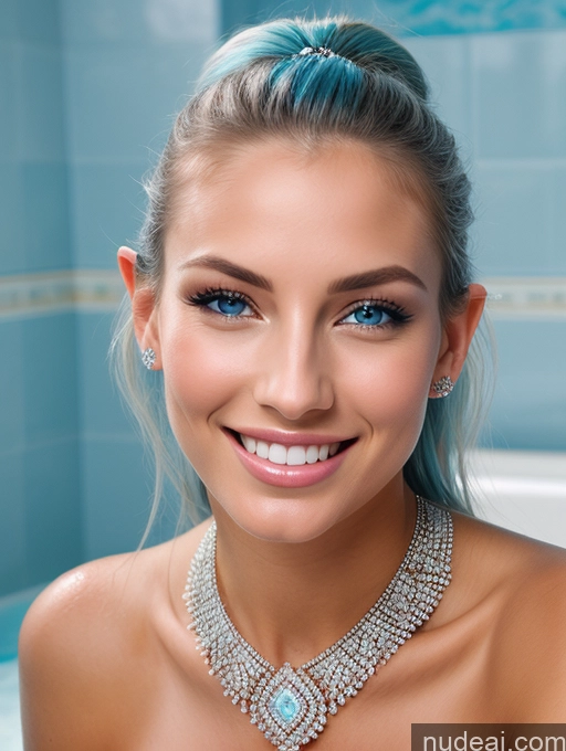 ai nude image of arafed woman with blue hair and a necklace in a bathtub pics of Beautiful Perfect Body Diamond Jewelry Choker Bright Lighting Elemental Series - Ice Deep Blue Eyes Skin Detail (beta) Perfect Boobs Busty Bathroom Laughing Oiled Body Front View Nude Fairer Skin Long Hair Blue Hair Happy Traditional Latina Model