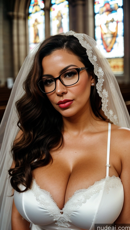 ai nude image of arafed woman in a wedding dress and glasses posing for a picture pics of Busty Huge Boobs Glasses Brunette Curly Hair White Film Photo One Pouting Lips Woman Church Wedding 40s Transparent