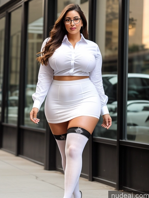 ai nude image of araffe woman in white dress and stockings walking down the street pics of Woman Busty Beautiful Glasses Thick Big Hips Perfect Body Long Hair 20s Brunette White Long Skirt Shirt Thigh Socks Detailed Sexy Face