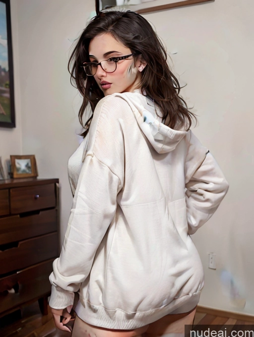 Athlete Busty Beautiful Glasses Thick Big Hips Perfect Body Long Hair 20s Brunette White Detailed Sexy Face Oversized Sweater/Hoodie Skinny