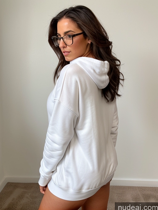 ai nude image of arafed woman in a white hoodie and glasses posing for a picture pics of Athlete Busty Beautiful Glasses Thick Big Hips Perfect Body Long Hair 20s Brunette White Detailed Sexy Face Oversized Sweater/Hoodie Skinny Front View