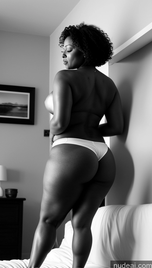 ai nude image of araffe woman in a white panties standing on a bed pics of One Dark Skin Busty Big Ass Serious Black Hair Nude Dark Lighting Detailed 70s Big Hips Messy T-pose Milf Thick Black And White Chubby Orgasm Nigerian Back View Lake