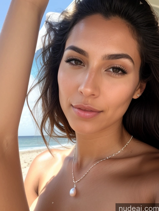 ai nude image of a close up of a woman with a necklace on her neck pics of Model Long Hair One 20s Sexy Face Brunette Brazilian Soft + Warm Beach Close-up View Cumshot Nude Partially Nude Pearl Jewelry Bright Lighting Simple