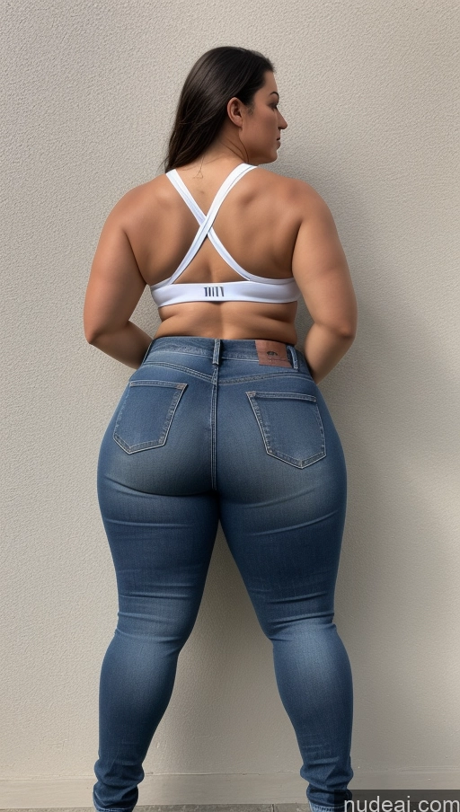 ai nude image of araffe woman in a white bra top and jeans leaning against a wall pics of Athlete Big Hips Big Ass Jeans