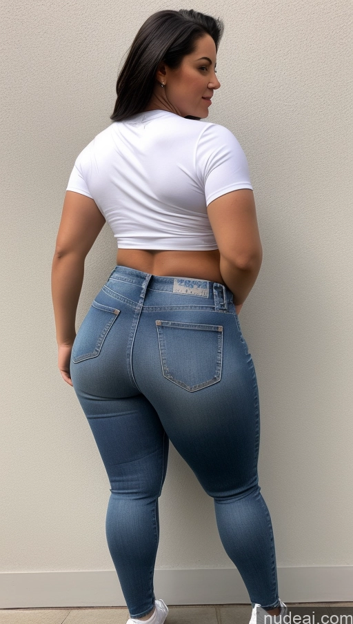 ai nude image of a woman in a white shirt and jeans standing against a wall pics of Athlete Big Hips Big Ass Jeans