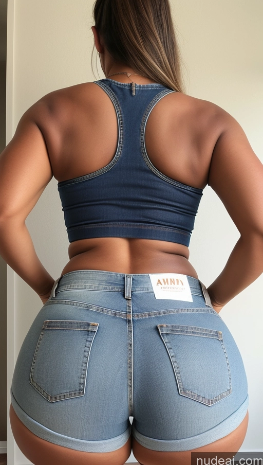 ai nude image of arafed woman in a blue top and jeans shorts with a tag on her butt pics of Athlete Big Hips Big Ass Jeans Short Shorts