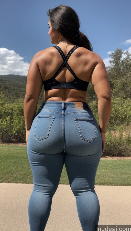 ai nude image of a woman in a black bra top and jeans standing on a sidewalk pics of Athlete Big Hips Big Ass Jeans