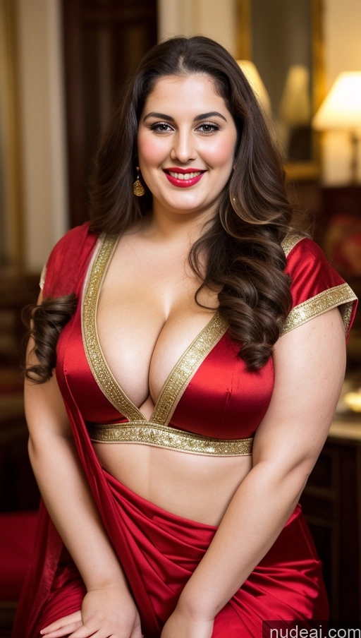 ai nude image of araffe woman in a red sari posing for a picture pics of Milf Busty Beautiful Lipstick Thick Chubby Big Hips Fat Fairer Skin 20s Happy Seductive Brunette Long Hair Russian Party Front View Straddling Sari Blouse Dirndl Victorian Cleavage Gold Jewelry