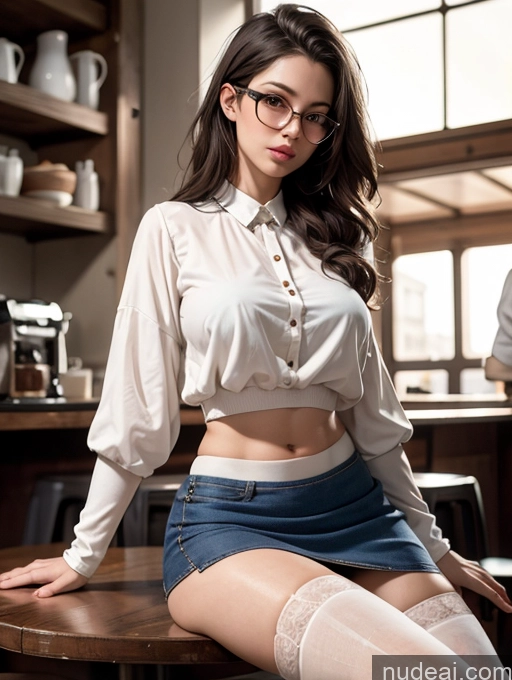 ai nude image of there is a woman sitting on a table with stockings on pics of Athlete Busty Beautiful Glasses Big Hips Perfect Body Brunette Messy White Cafe Blouse Mini Skirt Thigh Socks Detailed Sexy Face 30s Thick