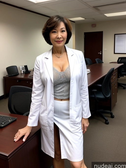 ai nude image of woman in white lab coat standing in front of a desk pics of Milf Two Perfect Boobs Perfect Body Pubic Hair Short Hair 80s Chinese Office Doctor Lab Coat Cleavage Dark Lighting Sexy Face