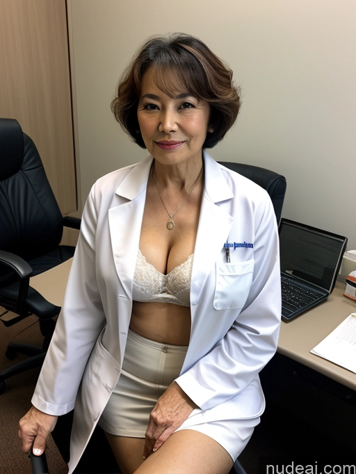 ai nude image of arafed woman in a white lab coat sitting in an office chair pics of Milf Two Perfect Boobs Perfect Body Pubic Hair Short Hair 80s Chinese Office Doctor Lab Coat Cleavage Dark Lighting Sexy Face