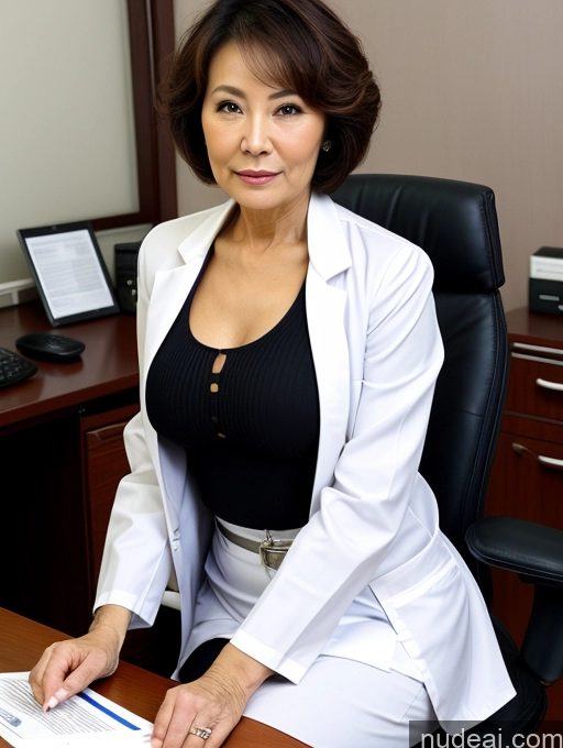 ai nude image of woman in white lab coat sitting at desk with papers and computer pics of Milf Two Perfect Boobs Perfect Body Pubic Hair Short Hair 80s Chinese Office Doctor Lab Coat Cleavage Dark Lighting Sexy Face