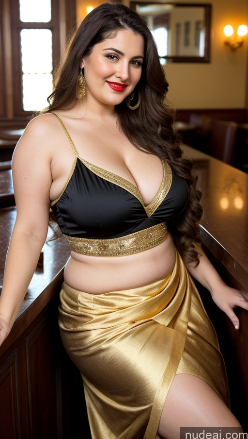 ai nude image of araffe woman in a gold skirt posing for a picture pics of Milf Busty Beautiful Lipstick Thick Chubby Big Hips Fat Fairer Skin 20s Happy Seductive Brunette Long Hair Russian Bar Front View Straddling Sari Blouse Dirndl Victorian Cleavage Gold Jewelry