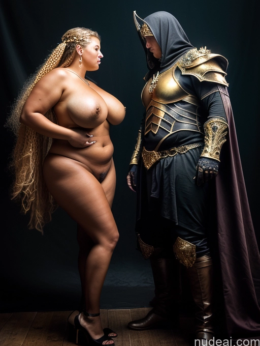 ai nude image of arafed woman in a costume and a man in a costume pics of Huge Boobs Perfect Boobs Beautiful Abs Big Hips Tanned Skin Oiled Body Braided Russian Surrealist Detailed Bright Lighting Gold Jewelry Death Knight Fantasy Armor Nude Side View Hell Ginger Shocked Perfect Body Fat Big Ass Several Woman + Man