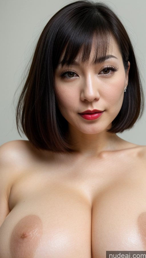 ai nude image of arafed asian woman with big breast showing off her big tits pics of Woman One Huge Boobs Beautiful Lipstick Fairer Skin 30s Black Hair Bobcut Japanese Close-up View