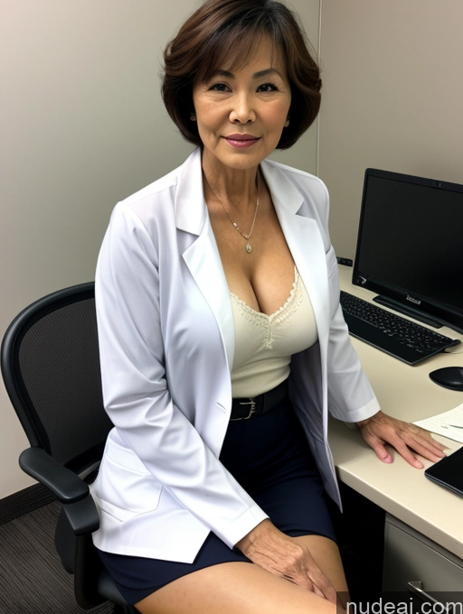 ai nude image of woman sitting at a desk with a laptop computer and a laptop pics of Milf Two Perfect Boobs Perfect Body Pubic Hair Short Hair 80s Chinese Office Doctor Lab Coat Cleavage Dark Lighting Sexy Face