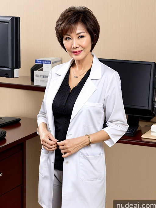 ai nude image of arafed woman in a lab coat standing in front of a computer pics of Milf Two Perfect Boobs Perfect Body Pubic Hair Short Hair Chinese Office Doctor Lab Coat Cleavage Dark Lighting Sexy Face 70s