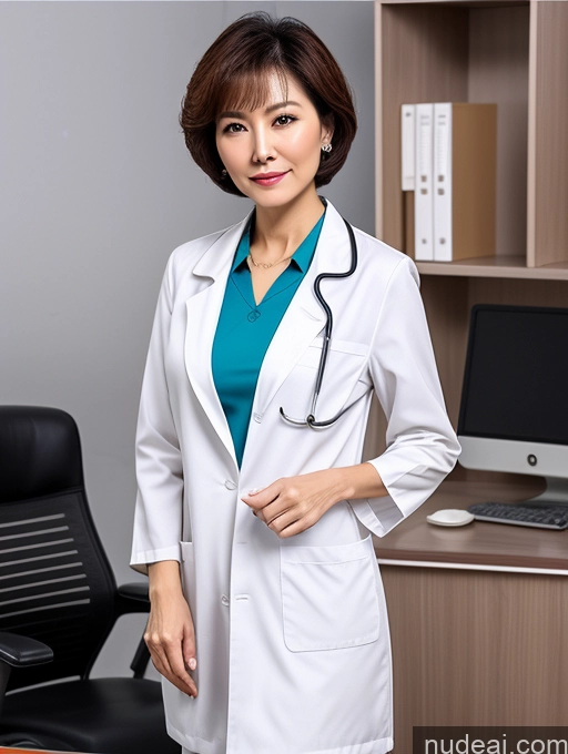 ai nude image of arafed woman in a white lab coat standing in front of a computer pics of Milf Two Perfect Boobs Perfect Body Pubic Hair Short Hair Chinese Office Doctor Lab Coat Cleavage Dark Lighting Sexy Face 70s