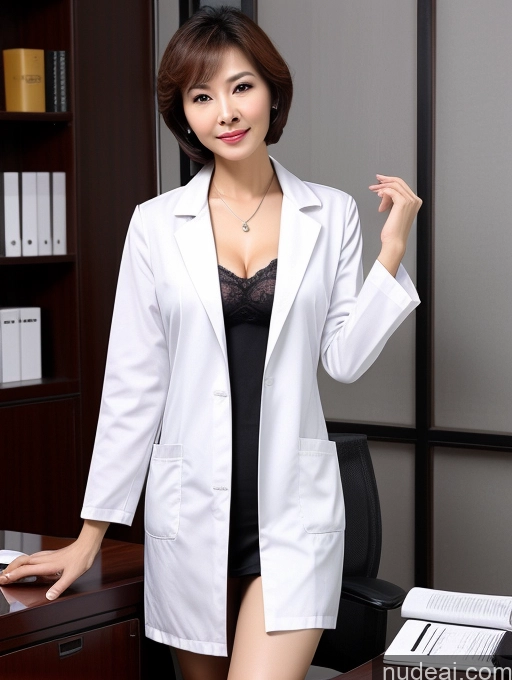 ai nude image of arafed woman in a lab coat posing in an office pics of Milf Two Perfect Boobs Perfect Body Pubic Hair Short Hair Chinese Office Doctor Lab Coat Cleavage Dark Lighting Sexy Face 70s