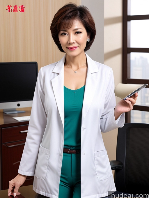 ai nude image of woman in white lab coat holding a cell phone in front of a computer pics of Milf Two Perfect Boobs Perfect Body Pubic Hair Short Hair Chinese Office Doctor Lab Coat Cleavage Dark Lighting Sexy Face 70s