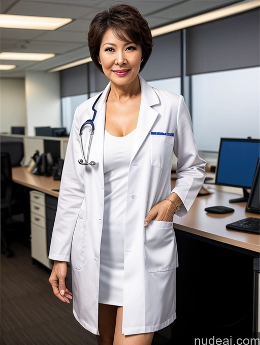 ai nude image of arafed woman in a lab coat standing in front of a desk pics of Milf Two Perfect Boobs Perfect Body Pubic Hair Short Hair Chinese Office Doctor Lab Coat Cleavage Dark Lighting Sexy Face 70s