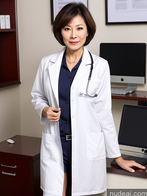 ai nude image of arafed woman in a lab coat standing in front of a computer pics of Milf Two Perfect Boobs Perfect Body Pubic Hair Short Hair Chinese Office Doctor Lab Coat Cleavage Dark Lighting Sexy Face 70s