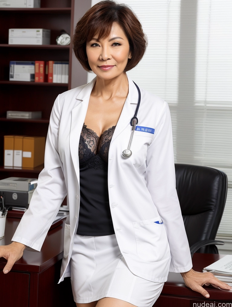 ai nude image of arafed woman in a white lab coat and skirt posing for a picture pics of Milf Two Perfect Boobs Perfect Body Pubic Hair Short Hair Chinese Office Doctor Lab Coat Cleavage Dark Lighting Sexy Face 70s