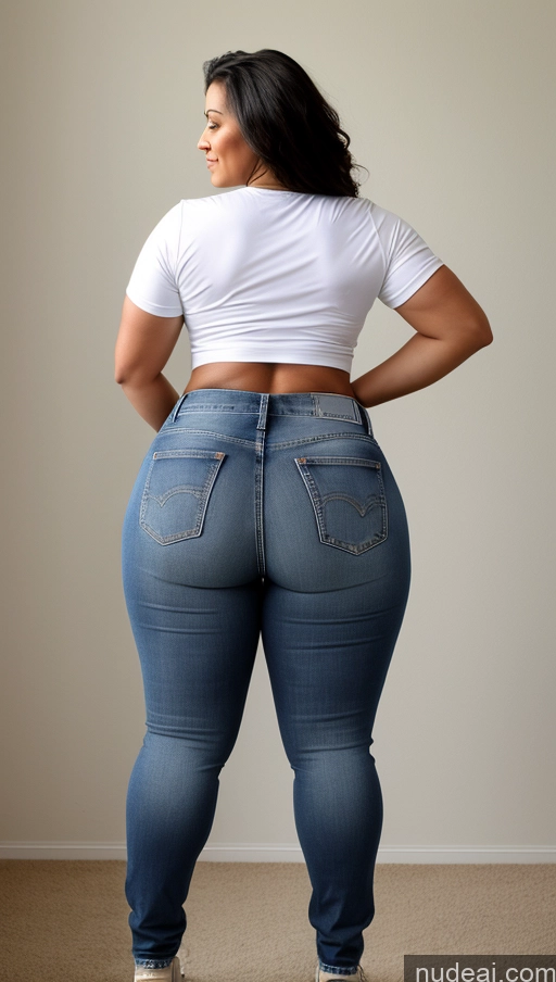 ai nude image of araffe woman in a white shirt and jeans standing in a room pics of Athlete Big Hips Big Ass Jeans