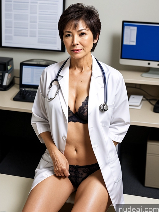 ai nude image of arafed woman in a lab coat sitting on a desk with a computer pics of Milf Two Perfect Boobs Perfect Body Pubic Hair Short Hair Chinese Office Doctor Lab Coat Cleavage Dark Lighting Sexy Face 70s Partially Nude