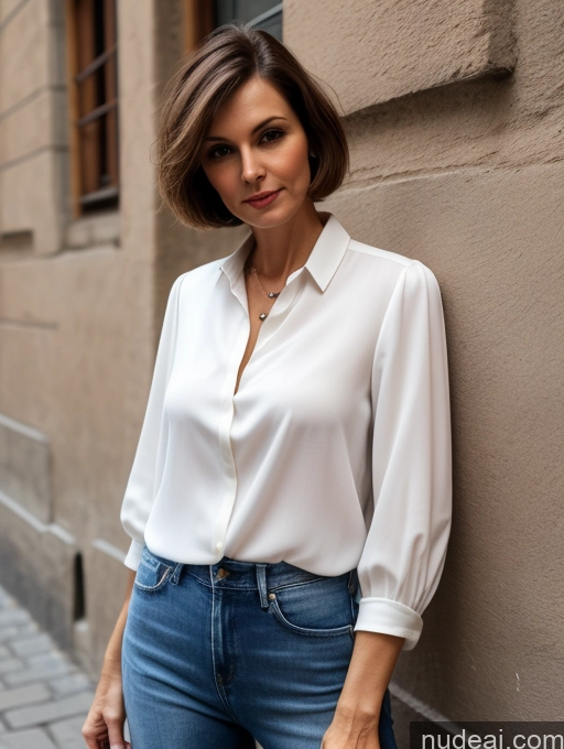 ai nude image of arafed woman in white shirt and jeans leaning against a wall pics of 60s Czech Skinny Small Tits Brunette Short Hair Street Blouse Shirt Jeans Simple