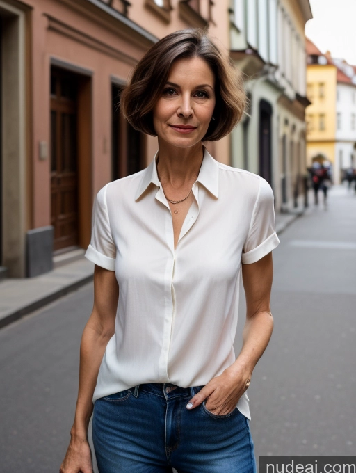 ai nude image of woman in white shirt and jeans standing on a street in a city pics of Czech Skinny Small Tits Brunette Short Hair Street Blouse Shirt Jeans Simple 70s