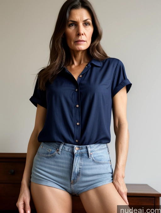 ai nude image of arafed woman in a blue shirt and denim shorts posing for a picture pics of 70s Czech Skinny Small Tits Small Ass Angry Brunette Bedroom Blouse Shirt Jeans Simple Spreading Legs