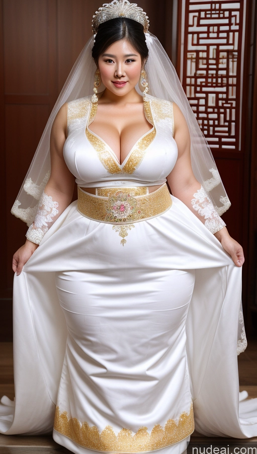 ai nude image of araffe woman in a white wedding dress with a gold trim pics of Huge Boobs Muscular Big Ass Abs Chubby Fairer Skin Traditional Wedding Chinese