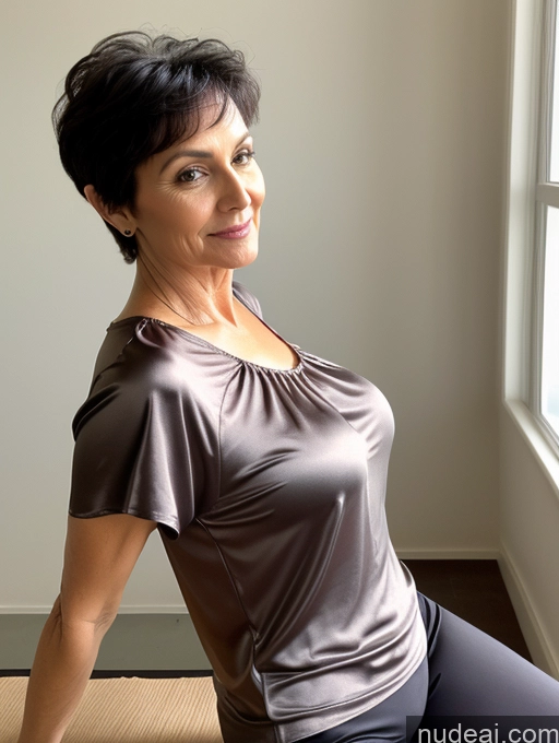 ai nude image of there is a woman sitting on a mat in front of a window pics of 50s Czech Black Hair Pixie Milf Thick Bedroom Blouse Tunic Yoga Pants Satin Simple Close-up View