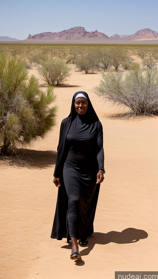 ai nude image of woman in black dress walking in desert area with mountains in background pics of Bodybuilder One Muscular African 70s Desert Nude Nun