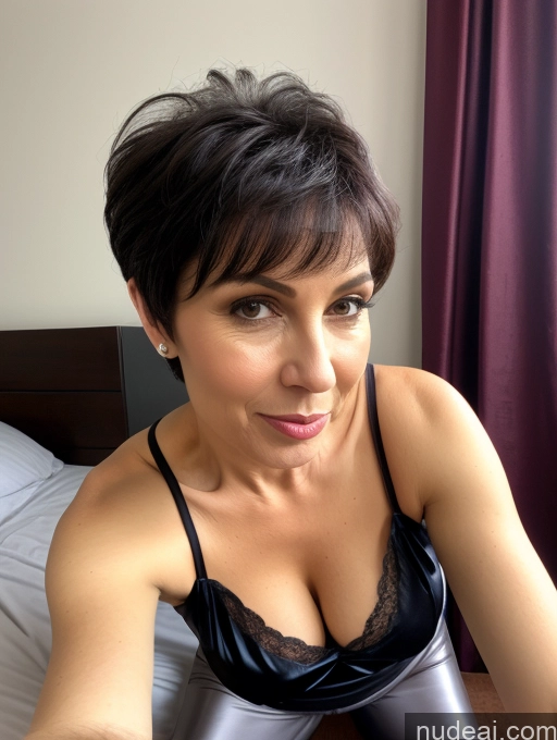 ai nude image of there is a woman in a black bra top sitting on a bed pics of 50s Czech Black Hair Pixie Milf Thick Bedroom Blouse Tunic Yoga Pants Satin Simple Cleavage Close-up View Blowjob