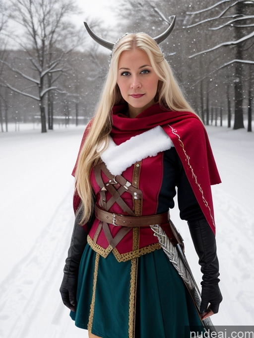 ai nude image of blond woman in a red cape and green skirt with a sword pics of Woman Perfect Boobs Dark Fantasy Detailed Small Tits Medieval Cosplay Blonde Scandinavian Snow Fantasy Armor Viking Two Traditional 20s