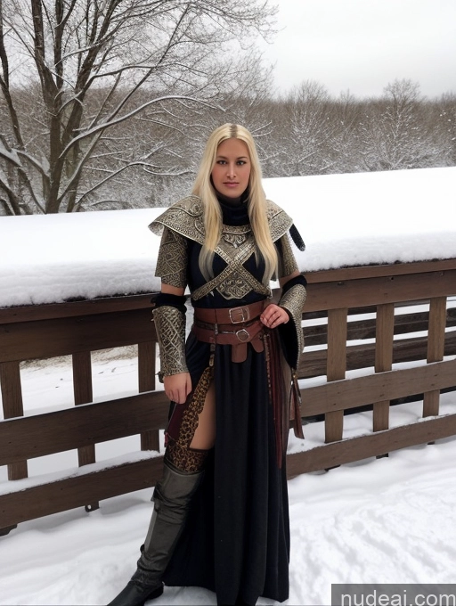 ai nude image of blond woman in medieval costume posing on a snowy bridge pics of Perfect Boobs Dark Fantasy Detailed Small Tits Medieval Cosplay Blonde Snow Fantasy Armor Viking Two Traditional 20s Sorority Black