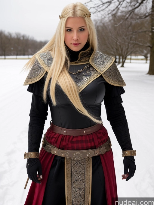 ai nude image of blond woman in black and red outfit standing in snow with sword pics of Perfect Boobs Dark Fantasy Detailed Small Tits Medieval Cosplay Blonde Snow Fantasy Armor Viking Two Traditional 20s Sorority Black Bending Over