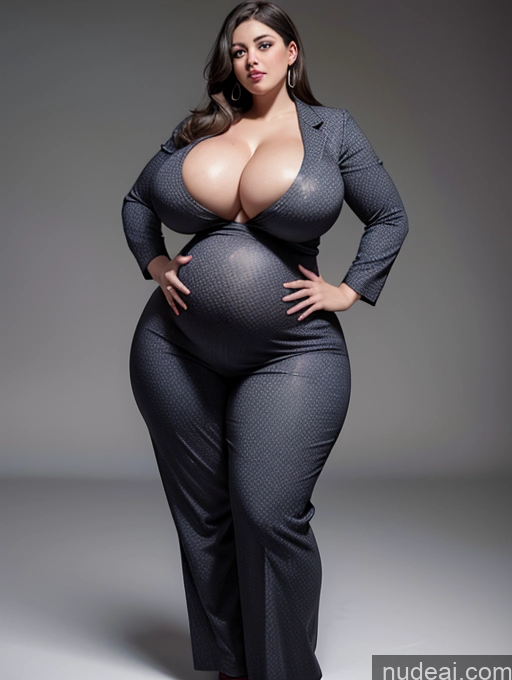 ai nude image of a pregnant woman in a grey dress posing for a picture pics of Huge Boobs Big Ass Thick Big Hips Long Hair Pregnant 20s Spanish Suit Fat Chubby