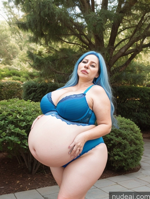 ai nude image of pregnant woman in blue lingerie posing in front of a tree pics of Milf Busty Huge Boobs Big Ass Thick Big Hips Long Hair Pregnant Sad Blue Hair Spanish Belly Inflation, Cuminflation, Overeating 80s Bra