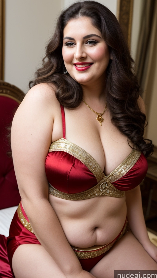 ai nude image of araffe woman in a red and gold lingerie sitting on a bed pics of Milf Busty Beautiful Lipstick Thick Chubby Big Hips Fat Fairer Skin 20s Happy Seductive Brunette Long Hair Russian Party Front View Straddling Sari Blouse Dirndl Victorian Cleavage Gold Jewelry