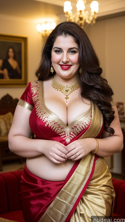 ai nude image of araffe woman in a red and gold sari posing for a picture pics of Milf Busty Beautiful Lipstick Thick Chubby Big Hips Fat Fairer Skin 20s Happy Seductive Brunette Long Hair Russian Party Front View Straddling Sari Blouse Dirndl Victorian Cleavage Gold Jewelry