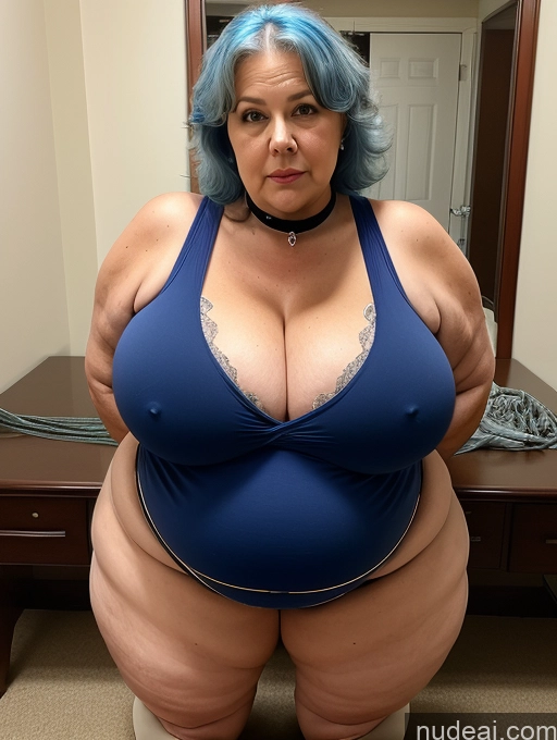 ai nude image of araffe woman with blue hair and blue wig posing for a picture pics of Milf Busty Huge Boobs Big Ass Thick Chubby Fat Big Hips Pregnant 80s Blue Hair Choker Bending Over