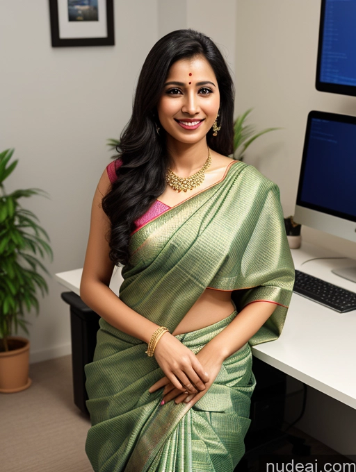 ai nude image of smiling woman in green sari sitting in front of a computer pics of Woman Small Tits Skinny Beautiful 20s Sexy Face Black Hair Long Hair Indian Office Front View Sari Happy 3d Traditional